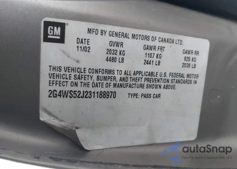 2003 Buick Century Custom z USA, uszkodzony, nr VIN 2G4WS52J231188970